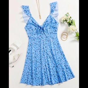 Blue Ruffle Trim Front Knot Floral Dress